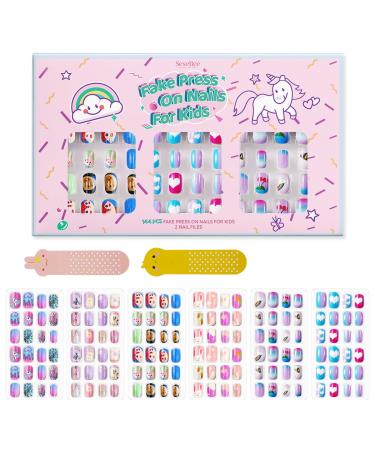 144Pcs Kids Press on Nails Children Girls Press on Short Artificial Fake Nails No fading Stable Quick Stick on Cute Pre Glue Full Cover Acrylic Nail Tip Kit Gift for Kids Nail Decoration (Rainbow)