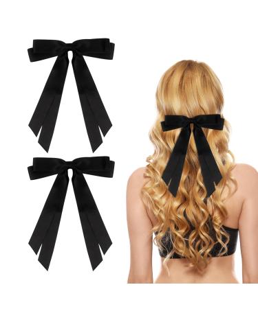 2 Pack Hair Bows for Women Black Bow Hair Clips French Barrette with Long Silky Satin Hair Ribbons for Women Girls(Black)
