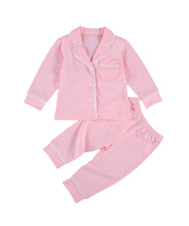 Kids Baby Boy Girl Cotton Pajamas Set PJS Long Sleeve Button Down Sleepwear 2 Piece Tops Pants Nightwear Homewear 18-24 Months Solid Pink