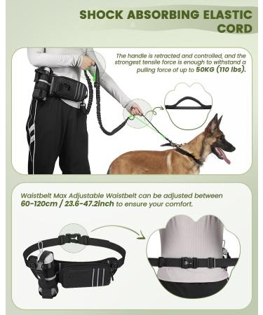 Jogging Lines for Dogs | Healay Belt Bag for Running Hiking & Leash | Reflective Double Handle for Large Medium Small Breeds - Green - Buy Online on SooperMarket.com