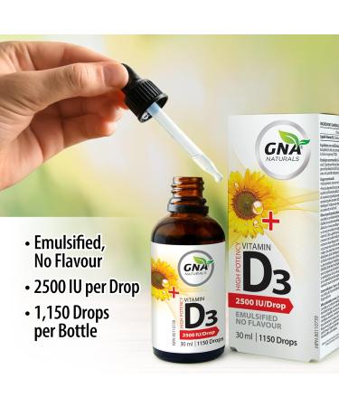 GNA Naturals Vitamin D3 Drops 2500 IU 30ml - Liquid Vitamin D3 for Adults - High Potency Flavorless Easy to Absorb - Pure D3 Supplement for Daily Wellness - Supports Bone Heart and Teeth Health - Buy Online on SooperMarket.com