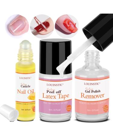 Powerful Gel Polish Remover for Nails Kit with Peel Off Latex Tape and Cuticle Oil Shellac Nail Polish Remover Gel No Need Soaking or Wrapping gel remover & latex liquid & cuticle oil