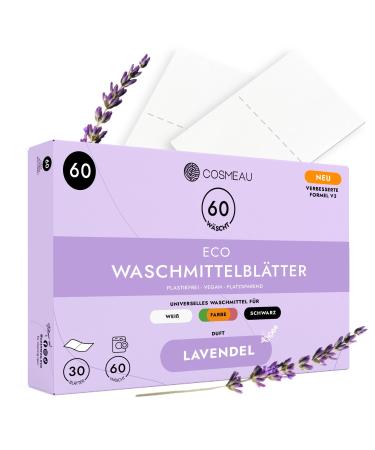 Cosmeau detergent leaves lavender - up to 60 washes (30 leaves) - sustainable detergent for white color and black - plastic -free degradable & perfect travel detergent lavender 1 piece (60s pack)