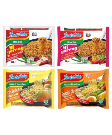 CNMART Indomie Noodles Mixed 4 Flavours HALAL 40 Packs Case (Mi Goreng Stir Fry Spicy Chicken Special Chicken)