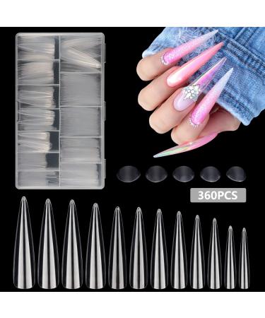 360Pcs Clear Nail Tips for Acrylic Nails Professional  XXXL Extra Long Stiletto Acrylic Nail Tips  Full Cover Fake Nails  Nail Extension False Nails for Manicure Salon Home DIY Nail Art 12 Sizes Box 360PCS XXXL Stiletto