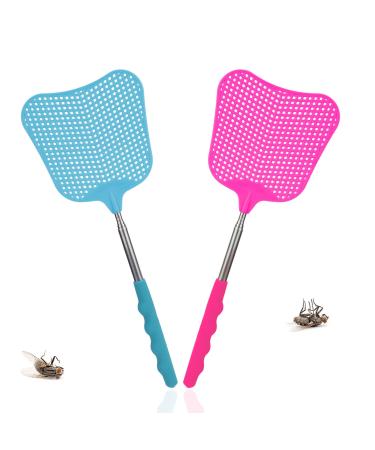 Takuza fly gossip 2 pieces flying swatter pull -out Pest Control with integrated mosquito scrap used to ward off flies wasps mosquitoes and other insects (blue pink)