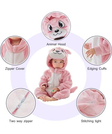 COOKY.D Baby Hooded Rompers | Winter Flannel Jumpsuit Pajamas | 6-12 Months | Pink - Buy Online on SooperMarket.com