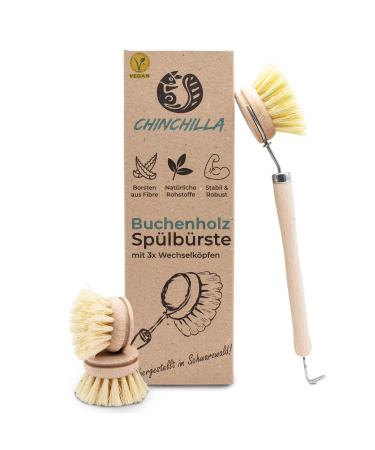 Chinchilla rinse brush made of beech wood |Sustainable kitchen brush with natural fiber bristles |incl. 3 change heads |Plastic -free & durable flushing brush + 3 exchange heads