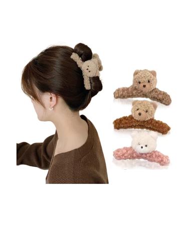 3 Pcs 4.72 Inch Large Hair Claw Clips Cute Fluffy Plush Bear Hair Catch Barrette Jaw Clamp for Women Girls Strong Hold Half Bun Hairpins for Thick Thin Hair Stylish Curly Hair Accessories