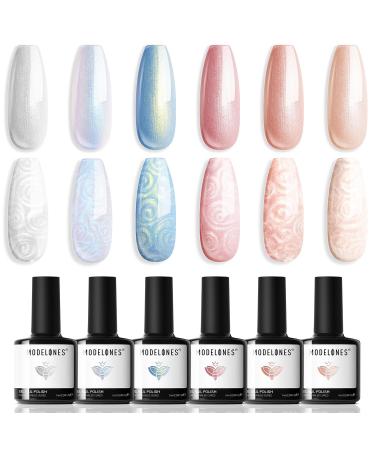 Modelones Gel Nail Polish 6 Colors Shimmer Pearl White Bule Pink Mermaid Nail Drawing Glitter Gel Polish Soak Off Led Summer Nail Gel Swirl Shell Thread Effect DIY Mani Gift with Dotting Pen Pearl Pink