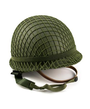 QWORK M1 Green Helmet Replica, Net Cover Steel Helmet, WWII US Army Outdoor Helmet Steel Field with Net Cover Cat Eye Belt