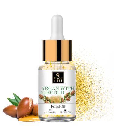 Good Vibes Argan With 24K Gold Facial Oil | Boosts Collagen & Elasticity | Antioxidant Rich Glowing With Anti Aging Properties For All Skin Types | No Parabens & Sulphates (10 ml/0.34 Fl Oz)