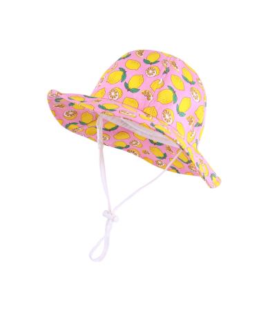 LANGZHEN Beach Sun Protection Hat for Baby Girls Adjustable Toddler Kids Hat Wide Brim Summer Play Hat with Chin Strap Pink-lemon 6-12 Months