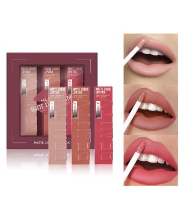 Matte Liquid Lipstick Makeup Set 3Pcs Long Lasting Smudge Proof Lip Gloss Set High Pigmented Velvety Nude Red Lip Stain Lip Makeup Gift Sets for Girls and Women Set A