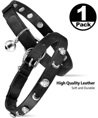 Personalized Leather Cat Collar with Bell and Rhinestone - Adjustable Safety Collar for Cats and Kittens (Black, 7-10 Inch) - Buy Online on SooperMarket.com