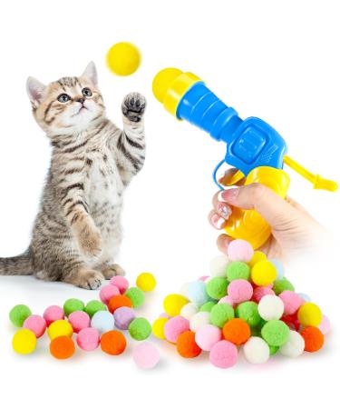 Heyu-Lotus Interactive Cat Toys 100 Pcs Cat Pom Pom Balls & 1 Cat Ball Toy Launcher Colorful Plush Toy Balls for Funny Cat Toys for Indoor Training Playing Pet Supplies