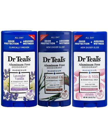 Dr. Teals Deodorant Variety Gift Set (3 Pack 2.65oz Ea.) - Vanilla Lavender Coconut Oil & Rose & Milk - Essential Oils & Magnesium Help Absorb Moisture & Keep Skin Clean & Healthy