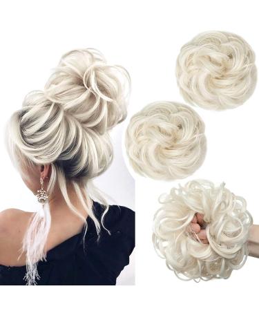 PORSMEER 2 pieces Messy Hair Buns Extensions Curly Wavy Hair Elastic Easy Scrunchies for Women Girls Large Synthetic Donut Updo Hair Pieces Hair Chignons platinum blonde 60#