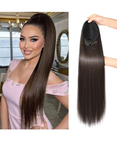 REECHO Ponytail Extension 28" Long Straight Drawstring Pony Hair Extension Synthetic Pony Tail Hairpiece for Women Dark Brown