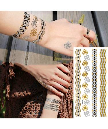 8 Sheets Gold Metallic Temporary Tattoos for Women - Shimmer Designs, Jewelry Fake Tattoo Stickers - Waterproof Body Makeup - Buy Online on SooperMarket.com
