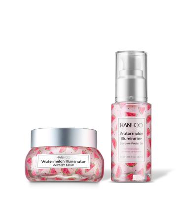 Hanhoo - Watermelon Illuminator Set | Daytime Facial Oil and Overnight Serum - Skincare for a Glowing Complexion - For All Skin Types (1 of Each) 2 Piece Set