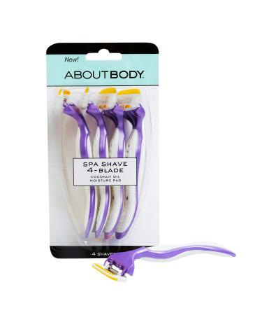 About Body Spa Shave 4-Blade Disposable Razors, Premium Disposable Shavers With Coconut Oil Moisture Pad, 4 Count