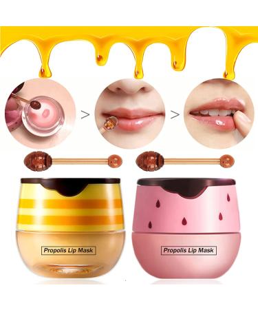 2 Pack Bee Balm Lip Balm Honey Pot Exfoliating Honey & Strawberry Propolis Lip Mask Hydrating & Prevention Dry and Cracked Lip Scrubs Exfoliator Lip Sleeping Mask Reduces Lip Lines with Brush Lip Care