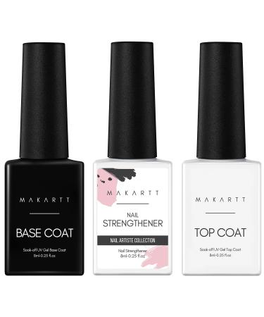 Makartt Gel Base Coat and Top Coat Kit Nail Strengthener No Wipe Base and Top Coat Set UV LED Gel Nail Polish Gel Base Top Coat with Nail Strengthener for Damaged Thin Nails and Growth Base and Top Coat Kit