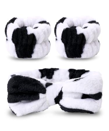 Face Wash Headband and Wristbands Set  Spa Headband for Washing Face Teen Girls Fuzzy Skincare Headbands Soft Facial Makeup Headband (Cow Pattern)