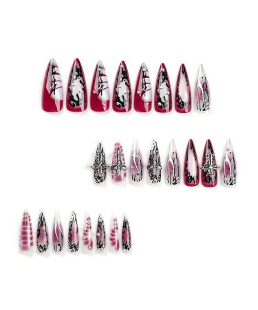 MISUD Long Stiletto Press on Nails - Gothic Red Black Ombre Acrylic Fake Nails - 24 Pcs Glossy Chrome Swirl Design - International Shipping Available - Buy Online on SooperMarket.com