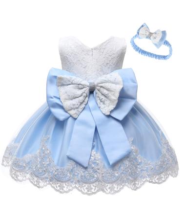 LZH Baby Girls Lace Dress Bowknot Flower Dresses Wedding Pageant Baptism Christening Tutu Gown 0-24 Months 3-6 Months Light Blue