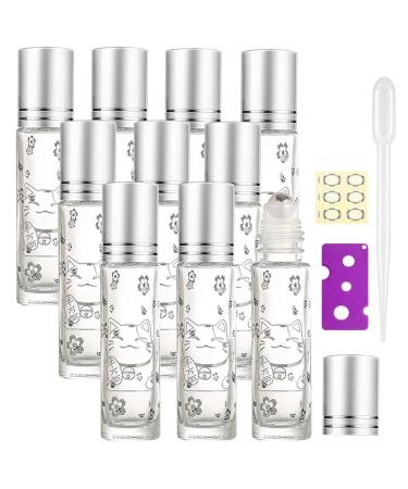 Alledomain 10Pcs 10ml Essential Oils Roller Bottles Clear Glass Roll on Bottles with Lucky Cat Pattern & Stainless Steel Roller & Silver Cap for Aromatherapy - Include Label Dropper & Opener