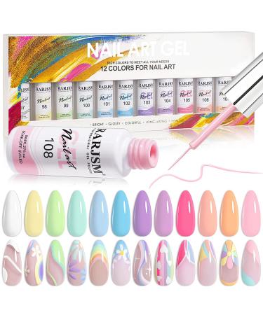 RARJSM Nail Art Gel Liner Painting Polish Set,12 Pastel Colors Spring Summer Collection,Painted Gel Nail Polish Set Build in Thin Brush Soak Off Curing Requires Salon DIY Nail Design Line Art Gel 8ML Pastel Color Set