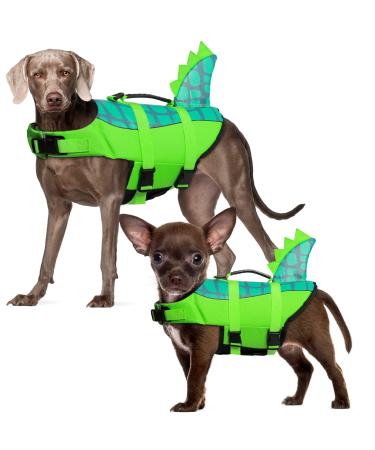 Durable Dog Life Jacket, Adjustable Ripstop Pet Safety Vest, Dog Lifesaver with Rescue Handle for Small Medium or Larger Dog, Eliminate Anxiety/Tension, Enhanced Buoyancy, Swimming, Green Dinosaur S S Green Dinosaurs