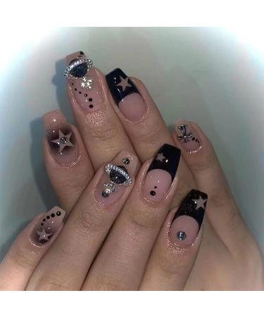 MISUD Coffin Press on Nails Medium Ballerina Fake Nails Glossy Glue on Nails Black French Tip Acrylic Nails Star 3D Rhinestone Stick on False Nails 24 pcs 0001-Y