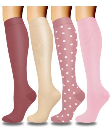 Actinput 4 pairs of compression stockings for women men colorful support stockings compression socks for sports flight running travel cycling nurse 4101 - Rosa S -M