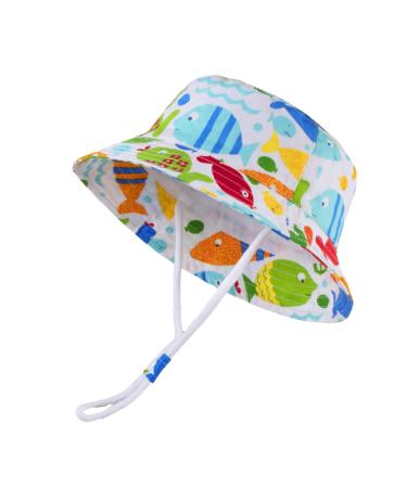 LANGZHEN Beach Sun Protection Hat for Baby Girls Adjustable Toddler Kids Hat Wide Brim Summer Play Hat with Chin Strap Colorful Fish 4-8 Years