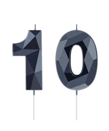 10th Birthday Candles 3D Diamond Shape Number Candles Numeral Birthday Cake Topper Cake Candles for Birthday Decoration Family Baking Reunions Theme Party Cake Decorating Supplies (Black)