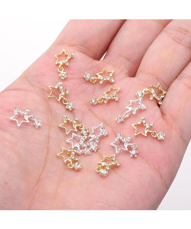 Lusofie 30Pcs 3D Star Rhinestone Nail Charms - Silver & Gold Alloy Star Gems for Nail Designs - DIY Nail Accessories - Buy Online on SooperMarket.com