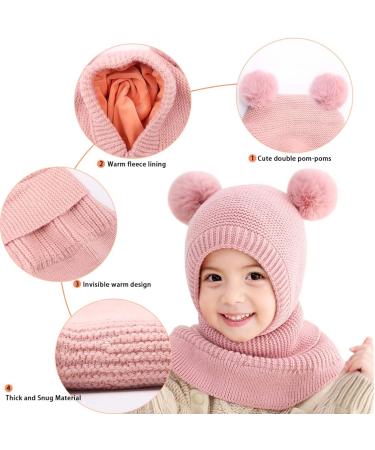 Mamunu Girls Winter Hat - Cute Pink Knit Beanie with Pompom & Fleece Lining for Ages 2-5 - Warm Shawl Cap for Children - Buy Online on SooperMarket.com