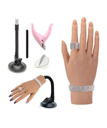 Silicone Nail Practice Hand for Acrylic Nails, Realistic Practice Hand Mannequin with Bracket, Flexible Bendable Silicone Hand Kit with 50Pcs Nail Tips(Right Hand) (3#)