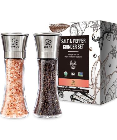 Soeos Salt and Pepper Grinder Set, Organic Whole Black Peppercorns, 3.5oz (100g), Himalayan Pink Salt, 8oz (230g). USDA Organic Black Pepper, Non-GMO, Kosher Certified, Adjustable Coarseness Organic Whole Black Peppercorns