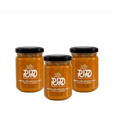 Puro Mediterraneo Pepper and Ricotta Pesto Calabrese Sauce Authentic Italian Taste in a Cheesy Pasta Sauce with Pepper Ricotta Cheese and Olive Oil (3 X 135g)