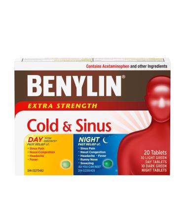 BENYLIN Extra Strength Cold and Sinus Caplets Relieves Cold and Sinus symptoms Daytime and Nighttime Convenience Pack 20ct