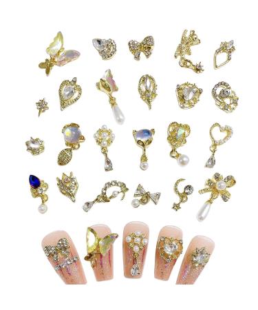 3D Nail Charms 23 Pcs Shiny Nail Rhinestones Gems Butterfly Heart Bow Dangle Nail Art Charms Gold Metal Nail Jewelry Luxury Nail Art Decoration for Nail Design DIY Crafts Gold A