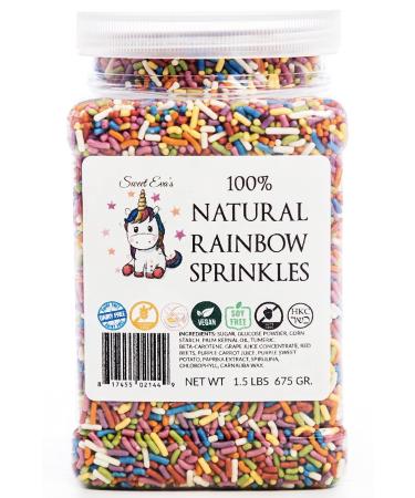 100% NATURAL RAINBOW SPRINKLES - NATURAL COLOR, DAIRY FREE, NUT FREE, GLUTEN FREE, SOY FREE, VEGAN, EGG FREE AND KOSHER ,1.5 LBS. CUPCAKE AND CAKE TOPPER,BULK CANDY, RESEALABLE CONTAINER,COLORFUL