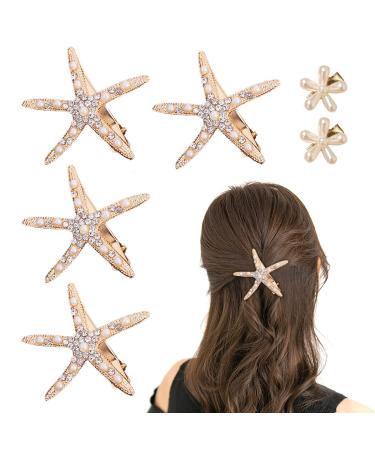4 Starfish Hair Clips 2 Flower Hair Clips Wedding Accessories Diamond Hair Clips Elegant Non-Slip Hair Accessories for Girls Flower Girl