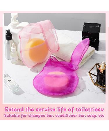 2 Pcs Rabbit Shaped Shampoo Conditioner Bar Pouch Set for Travel | Light Pink & Rose Pink | Exfoliating Loofah Bubble Foam Net - Buy Online on SooperMarket.com