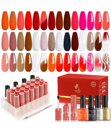 Lavender Violets 25 Pcs UV Gel Nail Polish Bright Red Spring Earth Color With Gel Top Coat Blooming Gel Base n Matte Top Coat Dotting Drawing Nail Brush Blossom Rose Marble Spreading Effect C402 Rural Scenery