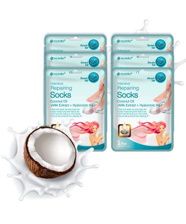 Epielle Intensive Repairing Foot Mask for Dry foot and Cracked heel and callus (Socks-6pk) Foot Spa masks | Coconut Oil + Milk Extract + Hyaluronic Acid. STOCKING STUFFERS!!